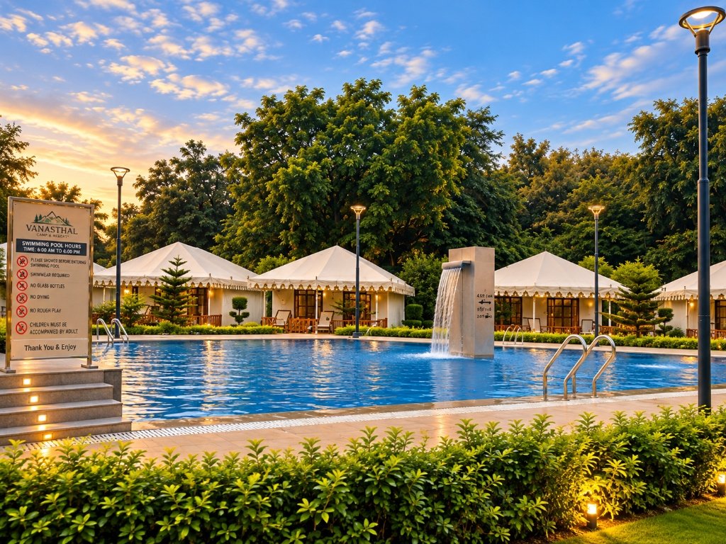Outdoor Swimming Pool with Waterfall and Swiss Tents at Vanasthali Camp and Resort